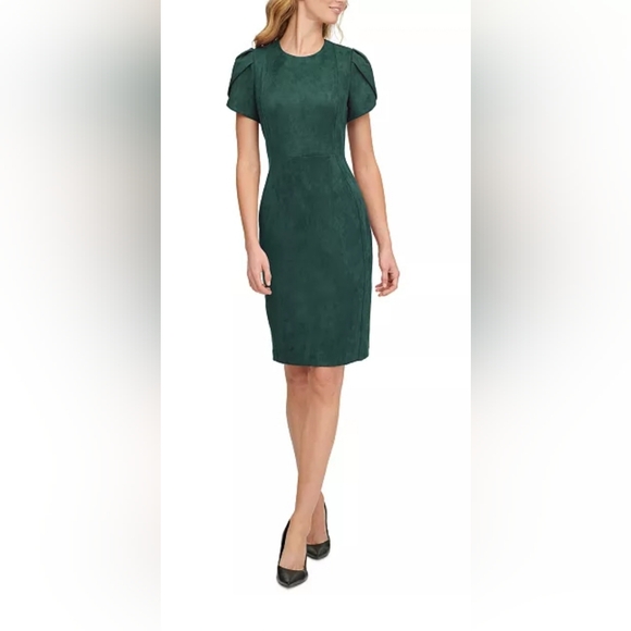 Calvin Klein Faux Suede Tulip Sleeved Dress - Picture 2 of 13